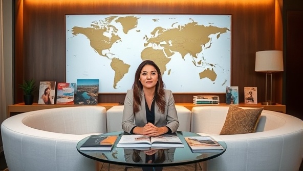 An elegant and sophisticated consultation setup with a professional travel advisor virtually assisting clients, surrounded by travel brochures, destination guides, and a world map, embodying the expertise and personalized service of Voyage Virtuoso in crafting bespoke travel experiences.