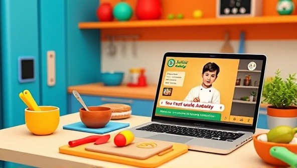 A colorful and vibrant virtual kitchen setup with kid-sized cooking utensils, ingredients, and a laptop displaying a Chef Junior Academy cooking class in progress, showcasing a young chef enthusiastically following along with the instructor, inspiring creativity and culinary learning.