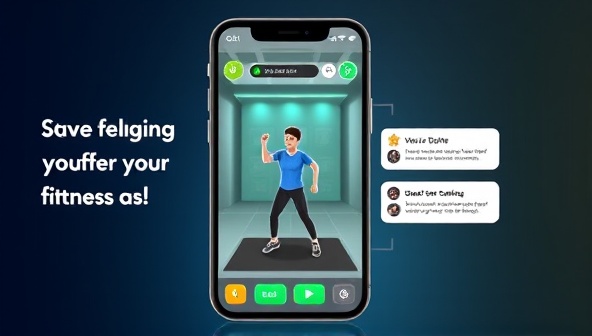 An engaging app interface showcasing a virtual avatar performing exercises in a game-like environment, with progress bars, achievement badges, and motivational messages, inspiring users to stay active and reach their fitness goals through gaming challenges.