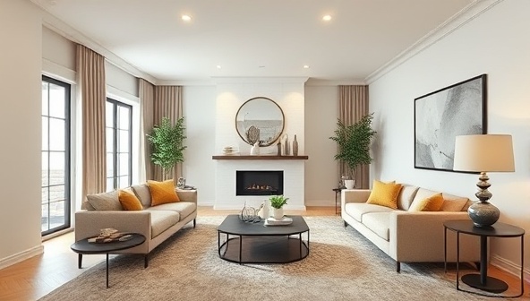 An elegantly staged virtual living room with modern furniture, stylish decor accents, and inviting ambiance, showcasing the potential of virtual staging to transform empty spaces into attractive, market-ready homes.