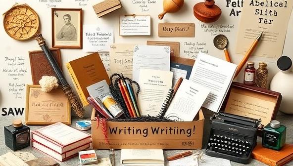 A beautifully designed subscription box bursting with writing tools, prompts, and literary treasures, surrounded by an array of inspirational objects like vintage typewriters, ink bottles, and literary quotes, evoking a sense of creativity and wonder in the world of storytelling.