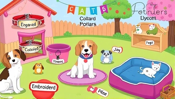 A colorful and playful digital illustration featuring a variety of personalized pet accessories, such as engraved collars, customized pet tags, and embroidered pet beds, displayed in a whimsical pet play area, showcasing the joy and uniqueness of each product.