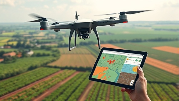 An attention-grabbing digital illustration depicting a drone equipped with sensors flying over lush farmland, capturing detailed aerial imagery of crops and soil conditions, with data analysis screens and farm maps displayed on a tablet, illustrating the precision and efficiency of drone-based agriculture services.