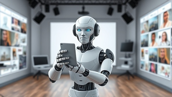 An AI-powered robot artist creating social media posts in a virtual studio environment, surrounded by a variety of content elements and editing tools, representing the seamless and creative content creation process facilitated by the platform.