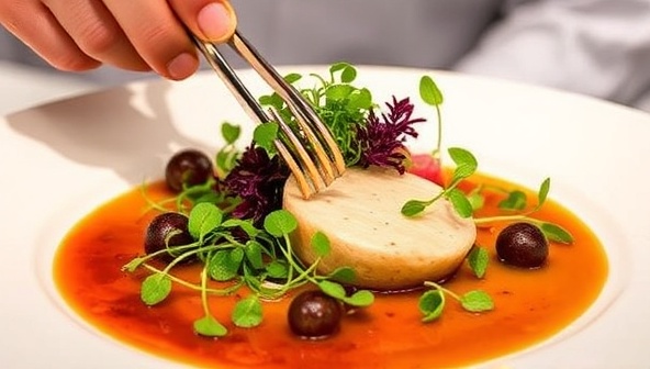 An elegant dish prepared by a chef, garnished with a variety of colorful microgreens grown using aquaponics, highlighting the freshness and visual appeal of these premium ingredients.