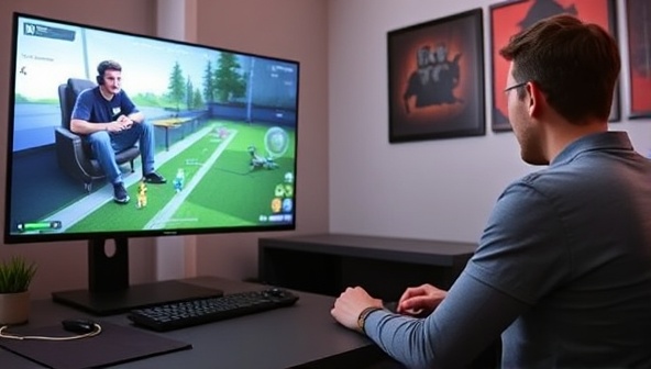 A mentor guiding a mentee through a virtual gaming session, with a split-screen showcasing gameplay, coaching tips, and real-time feedback, illustrating the interactive and personalized mentorship experience offered on the platform.