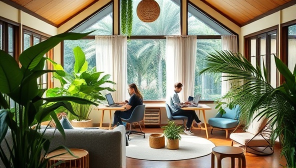 A serene and inspirational co-working space within a remote work retreat, featuring professionals working on laptops surrounded by lush greenery, natural light, and calming décor, capturing the essence of productivity and relaxation at Work Wander Haven.