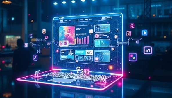 An awe-inspiring visualization of a holographic web design presentation, with a holographic screen projecting a futuristic website interface with interactive elements floating in mid-air, creating a dynamic and captivating visual experience.