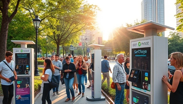 An urban park scene showcasing SunCharge Stations under the sun, with smartphones and tablets connected to the kiosks for charging, surrounded by greenery and diverse individuals enjoying the convenience of solar-powered mobile charging in a vibrant public setting.