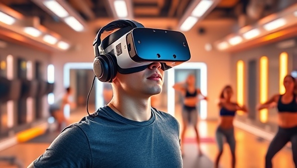 An individual wearing a VR headset, engaging in a virtual fitness class surrounded by futuristic workout equipment, creating an immersive and dynamic workout environment.