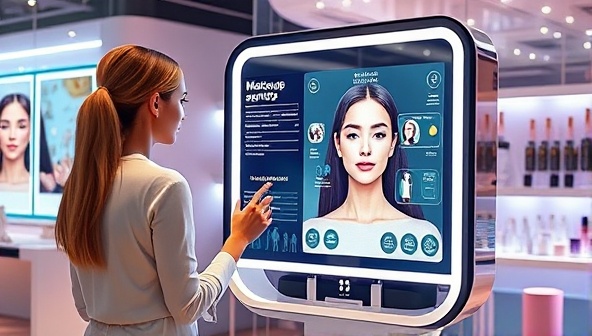 An artistic rendering of a sleek and futuristic smart mirror beauty consultation station with a customer interacting with the mirror interface, displaying skincare analysis results and virtual makeup try-on options, reflecting a blend of technology and beauty in a modern setting.