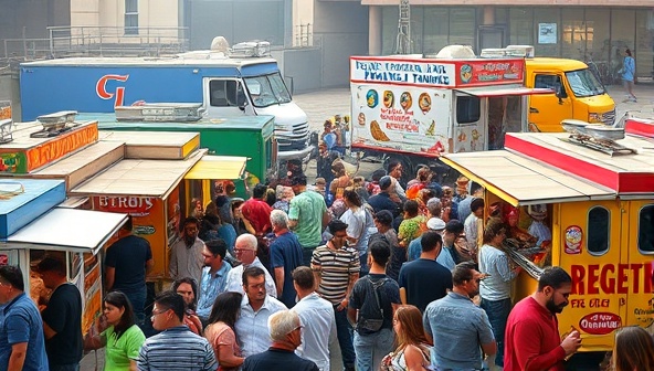 An exciting image of a bustling food truck hub with colorful trucks lined up, each showcasing a different cuisine, surrounded by a diverse crowd of customers sampling various dishes, creating a lively and multicultural culinary experience.