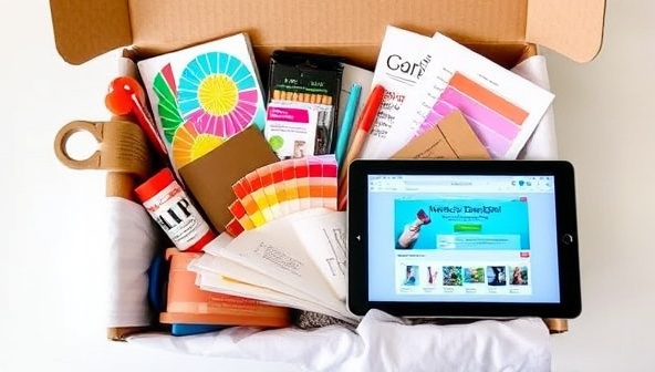 An aesthetically pleasing box filled with design tools, colorful swatches, creative sketches, and a digital tablet displaying design software, showcasing the variety and creativity within each DesignBox Delight subscription.