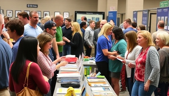 A diverse group of local business owners gathered at a community event hosted by LocalLink Marketing, exchanging business cards and discussing collaborative marketing opportunities while showcasing their unique products and services in a vibrant marketplace setting.