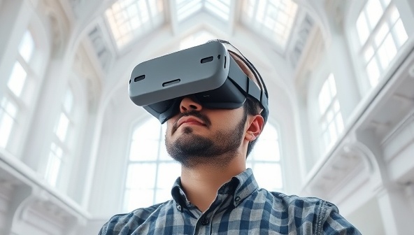 An architect wearing a VR headset, exploring a virtual architectural environment with intricate details, showcasing the immersive experience of VR architectural visualization.