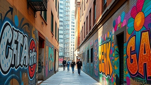 An urban alley transformed into a vibrant outdoor gallery with a series of branded street art murals, showcasing diverse designs and colors that blend seamlessly with the cityscape, attracting pedestrians and photographers alike.