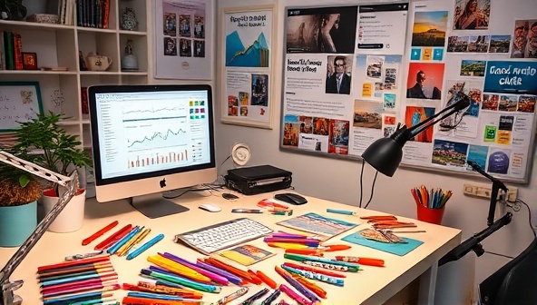 A creative workspace with a designer's desk cluttered with colorful markers, a laptop displaying social media analytics, and a mood board filled with inspirational images, reflecting a vibrant and innovative content creation process.