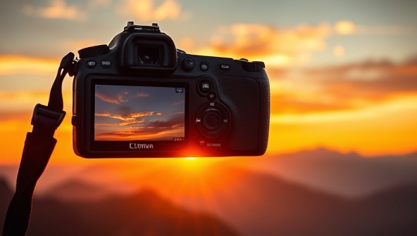An inspirational image of a camera capturing a breathtaking sunset over a majestic mountain range, showcasing the beauty and power of travel photography to capture unforgettable moments and landscapes.