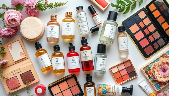 An artistic flat lay image showcasing a variety of indie beauty products, including handcrafted soaps, artisanal perfumes, natural skincare items, and colorful makeup palettes, reflecting the diversity and creativity of the beauty marketplace for indie brands.