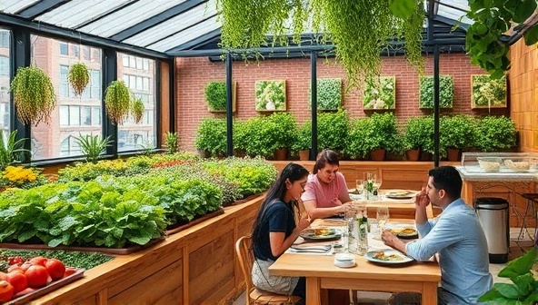 A vibrant farm-to-table restaurant setting with a lush urban garden backdrop, fresh produce displays, chef-prepared dishes using locally sourced ingredients, and diners enjoying a sustainable dining experience that celebrates community connections and sustainable agriculture at Roots & Harvest Bistro.