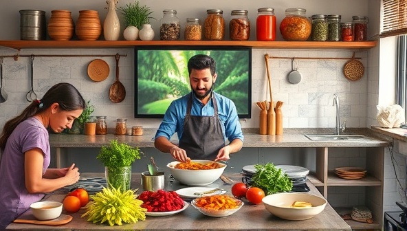 An engaging cooking class setup with a virtual instructor guiding participants through a fusion recipe, a diverse array of international ingredients and spices on display, and participants actively cooking along from their kitchens, creating a vibrant and interactive global cooking experience with FusionFlavors Academy.
