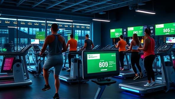 A dynamic gym setting with individuals exercising on innovative equipment that displays energy output metrics, surrounded by a high-tech atmosphere that motivates users to work out while generating electricity, embodying fitness and sustainability.