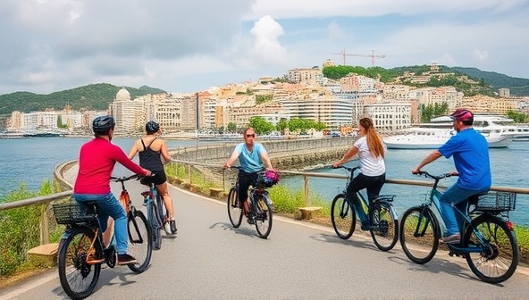 A picturesque landscape featuring tourists riding electric bikes along a scenic coastal route, with vibrant city architecture in the background, capturing the essence of sustainable travel and adventure facilitated by TourEcoRide's subscription service.