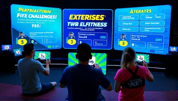 An energetic visual representation of gamers engaging in virtual fitness challenges, performing exercises while gaming, with motivational messages and fitness progress indicators on the screen, inspiring a healthy and active gaming lifestyle through GamerFit Quest.