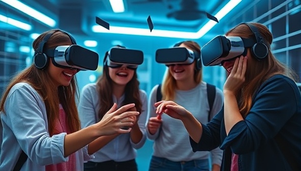A group of friends wearing VR headsets, excitedly working together to solve a virtual puzzle in a futuristic digital environment, with virtual clues floating around them, showcasing the immersive and exciting gameplay of the VR Escape Room experience.