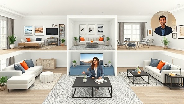 A stylish virtual living room rendering showcasing different furniture arrangements, color schemes, and decor accents, with a virtual interior designer discussing design concepts and layout options with a client through a video call, illustrating the collaborative and creative process of DesignVision Virtual.