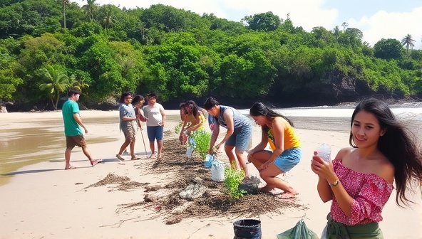 A serene nature scene with travelers engaging in a beach clean-up activity, planting trees, and participating in wildlife conservation efforts, embodying the essence of sustainable travel and responsible tourism practices in action.