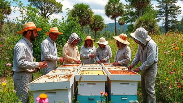 An immersive outdoor scene capturing a group of tour participants in beekeeping suits, surrounded by buzzing beehives and blooming wildflowers, experiencing the magic of beekeeping and nature conservation in a picturesque setting.