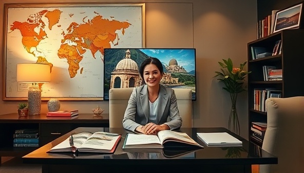 An elegant virtual travel office setting with a travel advisor consulting with a client via video call, surrounded by world maps, travel books, and inspirational travel photos, reflecting the personalized and professional service offered by Voyage Insights.