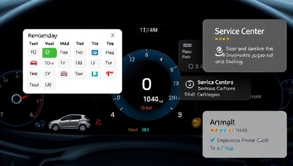 An engaging graphic showing a digital dashboard with car icons representing different maintenance tasks, overlaid with calendar reminders and service center suggestions, conveying convenience and organization.