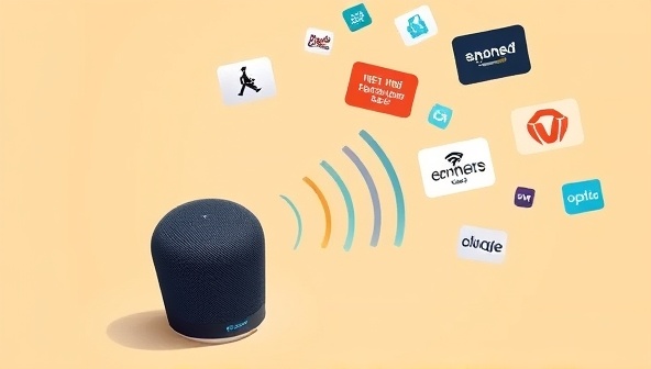 An illustration of a smart speaker emitting sound waves with various branded audio ads floating around, symbolizing the immersive and interactive nature of voice-activated advertising through EchoAd Waves.