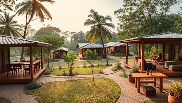 A serene coworking village nestled amidst nature, featuring individual workstations with scenic views, communal areas for networking and collaboration, and wellness spaces for yoga sessions and meditation, creating a harmonious blend of work and leisure at WorkWell Wanderlands, inspiring productivity and wellness.