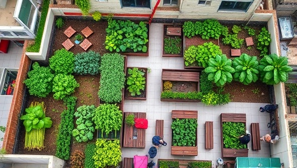 An aerial view of a vibrant rooftop garden with diverse crops, communal seating areas, and people engaging in gardening activities, showcasing a thriving urban farming community.