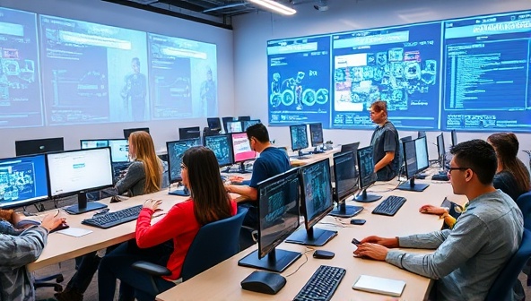 An innovative tech learning lab equipped with high-tech computers, coding software, and interactive displays, with students of diverse backgrounds engaged in collaborative coding projects, attending workshops, and receiving mentorship, showcasing a dynamic and inclusive tech learning environment.