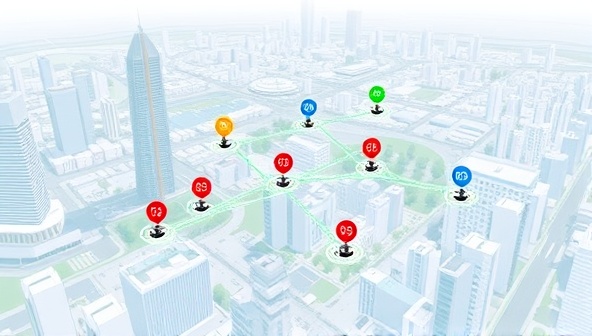 A vibrant map illustration showing interconnected electric vehicle charging stations across a cityscape, with colorful icons representing different charging speeds and availability status, promoting the convenience and accessibility of ChargeHub Connect's network.