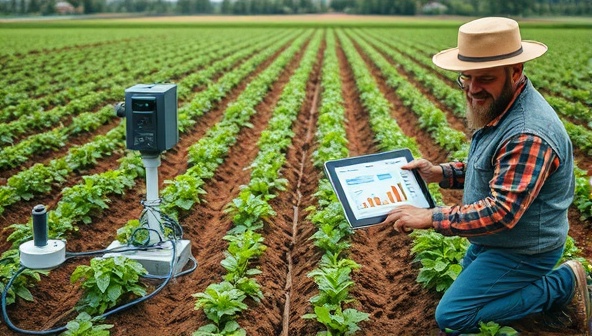 An AI-powered soil monitoring station integrated into a farm field, with sensors collecting data, a dashboard displaying soil analytics in real-time on a tablet, and a farmer adjusting irrigation based on the insights, illustrating the seamless integration of technology in agriculture.