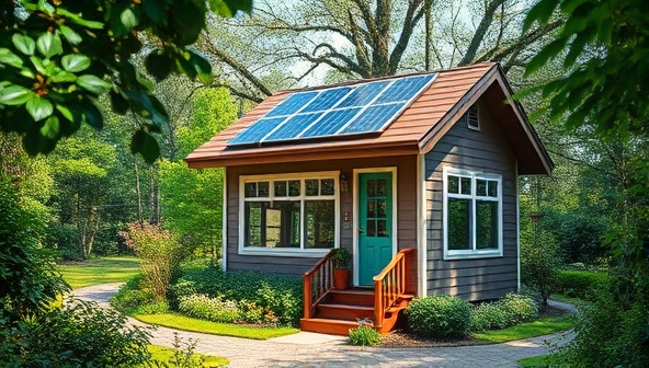 A picturesque scene of a cozy, off-grid tiny home surrounded by lush greenery, solar panels on the roof, and large windows welcoming natural light, showcasing a harmonious blend of nature and modern living.
