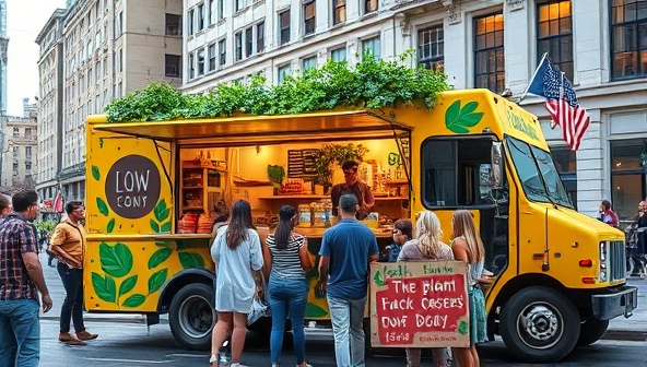A vibrant food truck adorned with eco-friendly decorations, parked in a bustling urban street setting, serving colorful plant-based dishes to a diverse group of customers, showcasing the fusion of sustainability and culinary creativity.