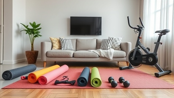 A stylish and modern living room setup with a variety of fitness equipment arranged neatly, including yoga mats, dumbbells, and a stationary bike, illustrating convenience and versatility in home fitness.