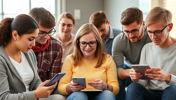 A diverse group of individuals using different assistive technologies to access a website on various devices, highlighting the importance of inclusive web design and digital accessibility for people of all abilities.