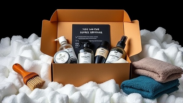 An artistic depiction of a stylized subscription box filled with premium car care products, surrounded by foam, microfiber towels, and detailing brushes, conveying the concept of a monthly surprise package that enhances the car care experience for enthusiasts and owners.