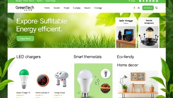 An aesthetically pleasing website layout of GreenTech Haven showcasing a variety of energy-efficient products such as LED lights, solar chargers, smart thermostats, and eco-friendly home decor items, with lush greenery and nature-inspired visuals, inviting visitors to explore and shop sustainably.