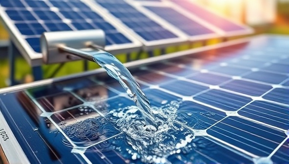 A vibrant image of a solar-powered water filtration system in action, with sunlight reflecting off the panels and crystal-clear water flowing from the output, symbolizing purity and sustainability.