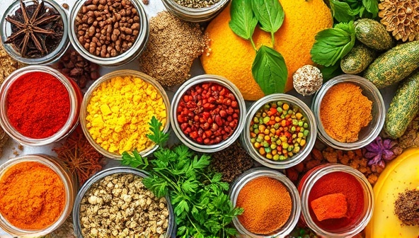 An assortment of vibrant spices and herbs arranged in small glass jars, showcasing a colorful palette of flavors and aromas, inviting subscribers to embark on a sensory journey of culinary exploration and creativity.