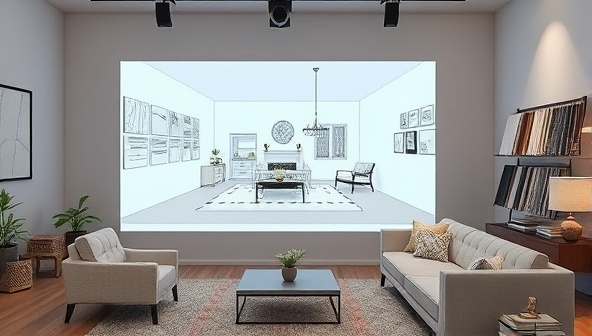 A virtual design studio setup with a large screen displaying a 3D room rendering, design sketches, fabric swatches, and furniture samples, creating an interactive and visually appealing design presentation for clients, showcasing the virtual design process.