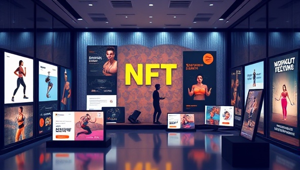 An artistic digital rendering of a collection of fitness-themed NFTs displayed in a virtual gallery setting, showcasing unique workout routines, wellness tips, and motivational content represented as digital assets, highlighting the fusion of fitness and blockchain technology in a visually captivating manner.